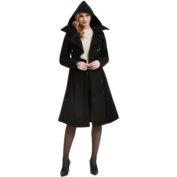 Long Trench Pea Coat for Women - Wool Winter Trench Coat Goth Lapel Peacoat - Picture 4 of 7